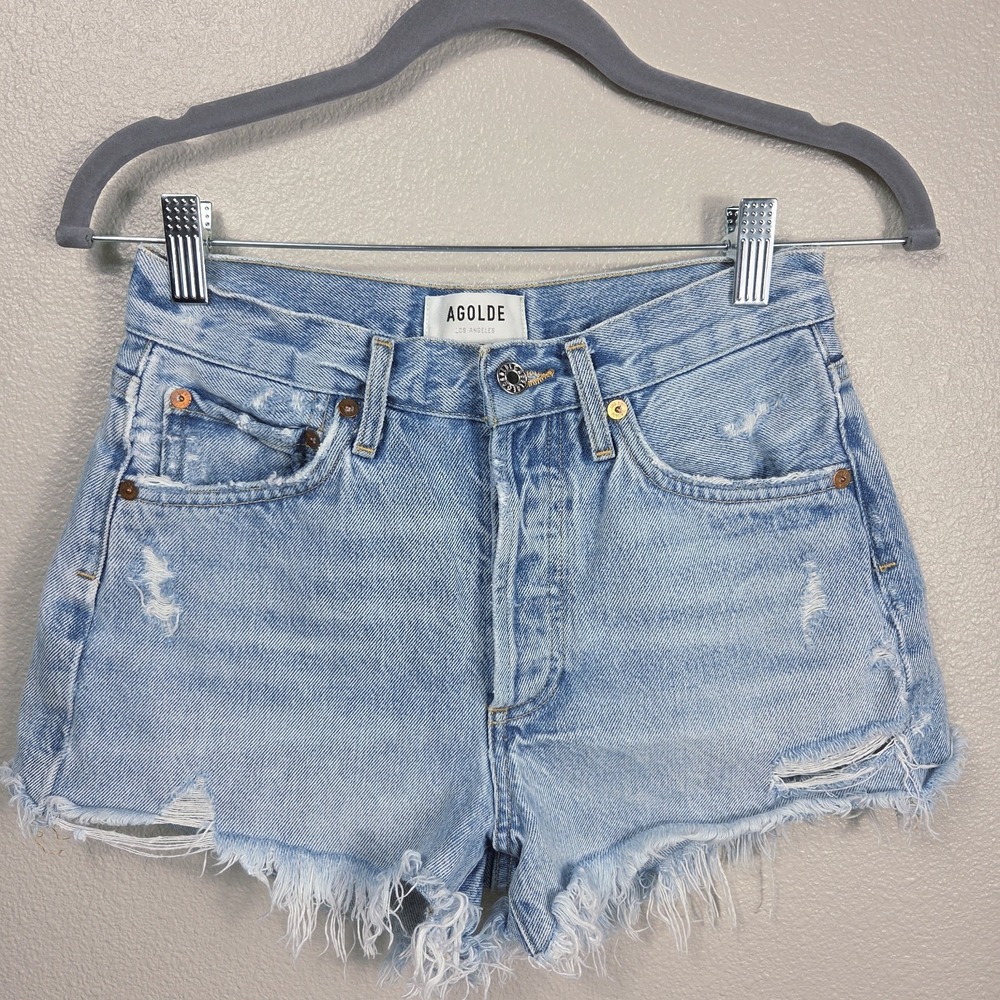 AGOLDE Parker Distressed Denim Shorts Button Fly Raw Hem Light Wash Size 23